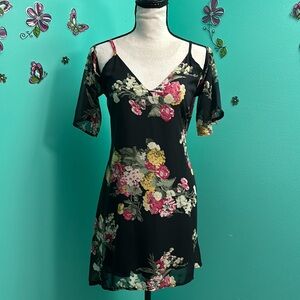 Audrey 3+1 brand cold shoulder Black Floral Sheer Body, Lined Dress